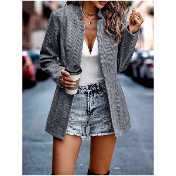 Classic Grey Herringbone Blazer Jacket Coat - Picture 7 of 12